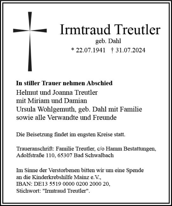 Traueranzeige von Irmtraud Treutler von Wiesbadener Kurier