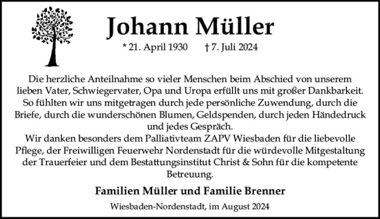 Traueranzeige von Johann Müller von Wiesbadener Kurier