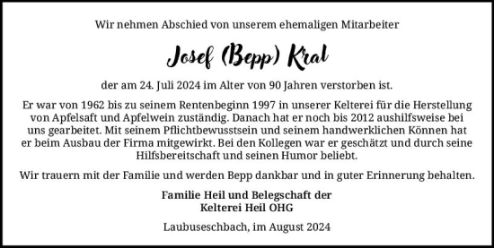 Traueranzeige von Josef Kral von Weilburger Tageblatt
