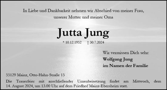Traueranzeige von Jutta Jung von Allgemeine Zeitung Mainz