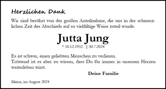 Traueranzeige von Jutta Jung von Allgemeine Zeitung Mainz