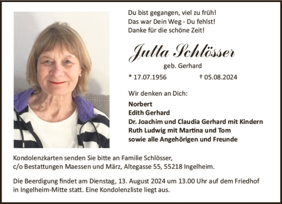Traueranzeige von Jutta Schlösser von Allgemeine Zeitung Rheinhessen-Nahe