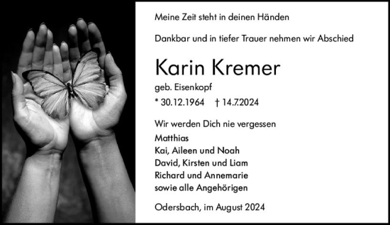 Traueranzeige von Karin Kremer von Weilburger Tageblatt