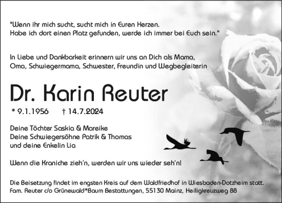 Traueranzeige von Karin Reuter von Allgemeine Zeitung Mainz