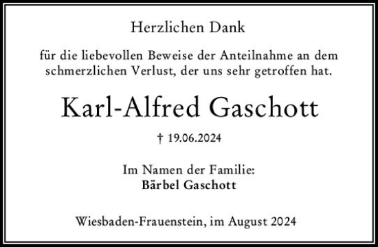 Traueranzeige von Karl-Alfred Gaschott von Wiesbadener Kurier