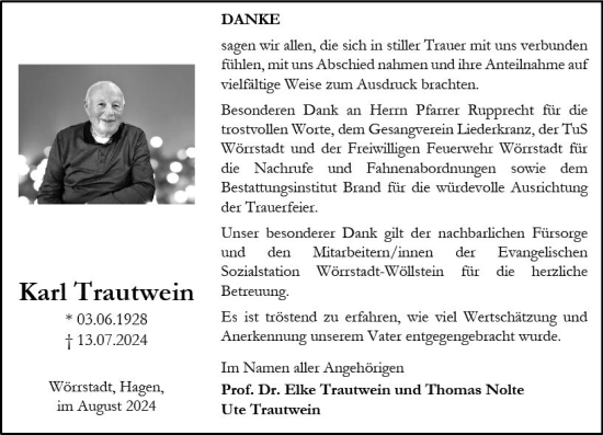 Traueranzeige von Karl Trautwein von Allgemeine Zeitung Alzey