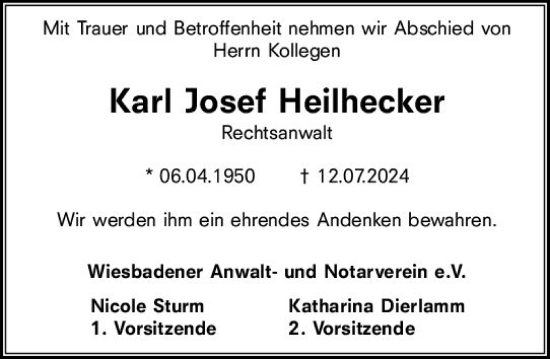 Traueranzeige von Karl Josef Heilhecker von Wiesbadener Kurier