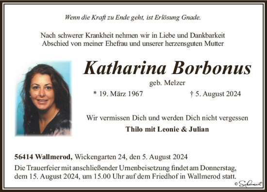 Traueranzeige von Katharina Borbonus von Nassauische Neue Presse