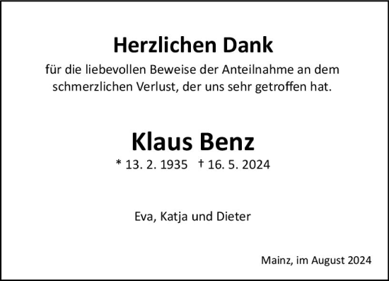 Traueranzeige von Klaus Benz von Allgemeine Zeitung Mainz