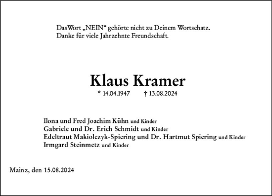 Traueranzeige von Klaus Kramer von Allgemeine Zeitung Mainz