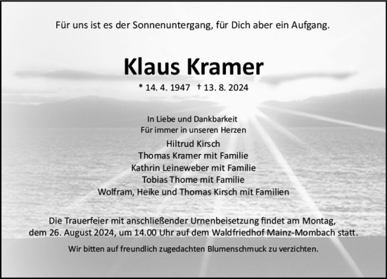 Traueranzeige von Klaus Kramer von Allgemeine Zeitung Mainz
