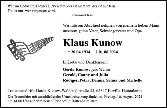 Traueranzeige von Klaus Kunow von Wiesbadener Kurier