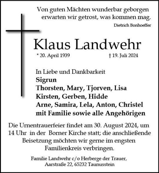Traueranzeige von Klaus Landwehr von Wiesbadener Kurier