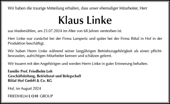 Traueranzeige von Klaus Linke von Dill Block