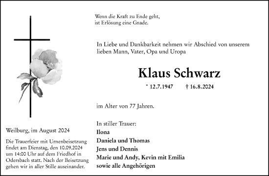 Traueranzeige von Klaus Schwarz von Weilburger Tageblatt
