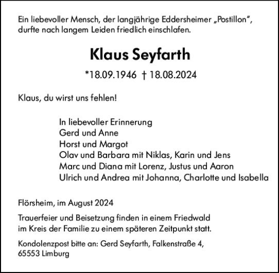 Traueranzeige von Klaus Seyfarth von Rüsselsheimer Echo