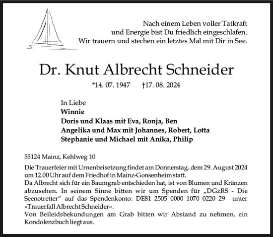 Traueranzeige von Knut Schneider von Allgemeine Zeitung Mainz