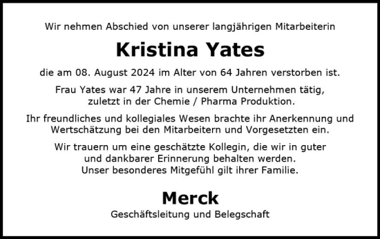 Traueranzeige von Kristina Yates von Darmstädter Echo