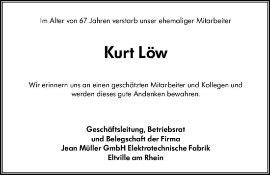 Traueranzeige von Kurt Löw von Rheingau Kurier