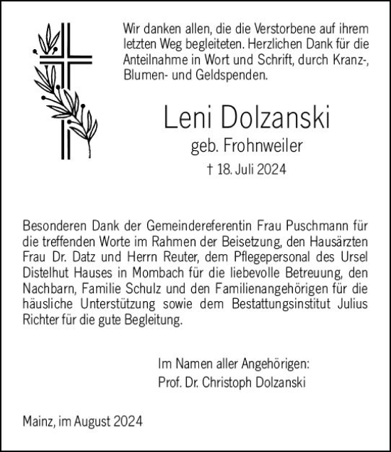 Traueranzeige von Leni Dolzanski von Allgemeine Zeitung Mainz