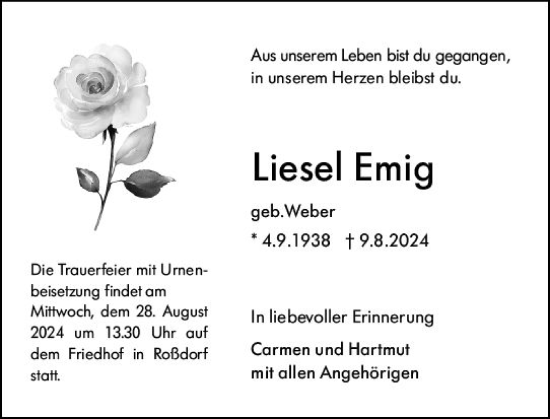 Traueranzeige von Liesel Emig von Darmstädter Echo