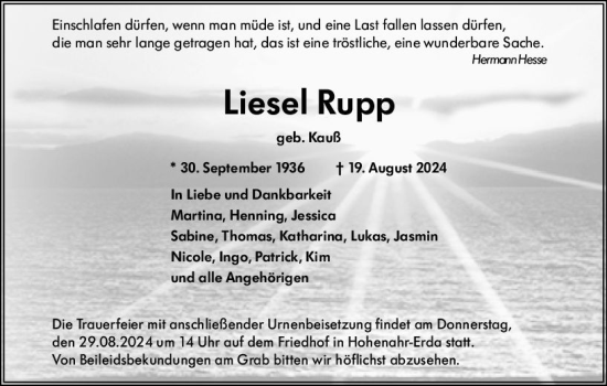 Traueranzeige von Liesel Rupp von Wetzlarer Neue Zeitung