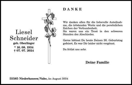 Traueranzeige von Liesel Schneider von Allgemeine Zeitung Rheinhessen-Nahe