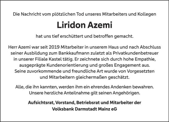 Traueranzeige von Liridon Azemi von Allgemeine Zeitung Mainz