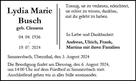 Traueranzeige von Lydia Marie Busch von Dill Block