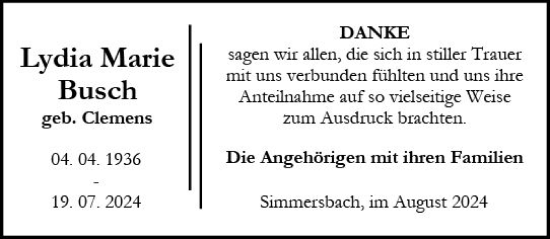 Traueranzeige von Lydia Marie Busch von Dill Block