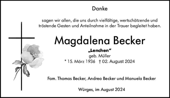 Traueranzeige von Magdalena Becker von Camberger Anzeiger