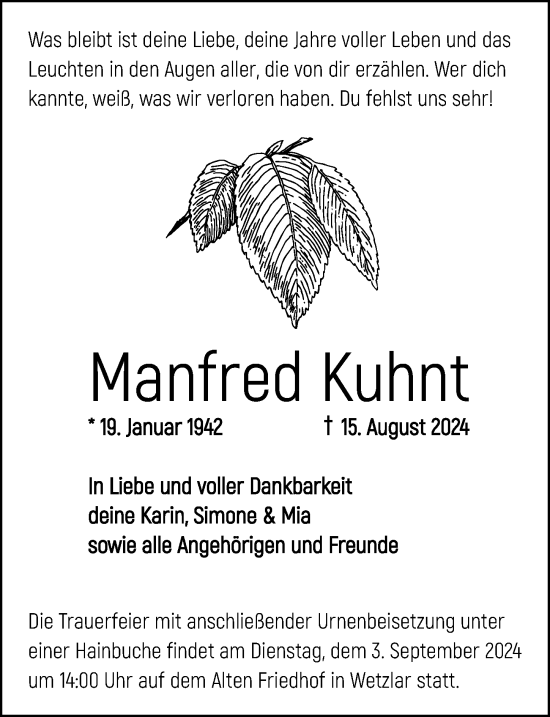Traueranzeige von Manfred Kuhnt von Wetzlarer Neue Zeitung