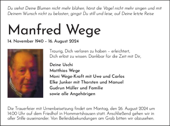Traueranzeige von Manfred Wege von Hinterländer Anzeiger