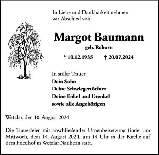 Traueranzeige von Margot Baumann von Wetzlarer Neue Zeitung