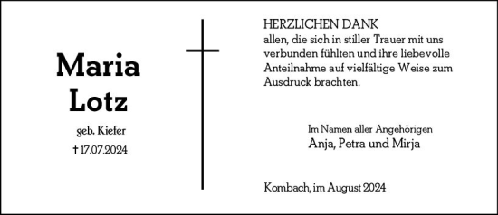 Traueranzeige von Maria Lotz von Hinterländer Anzeiger