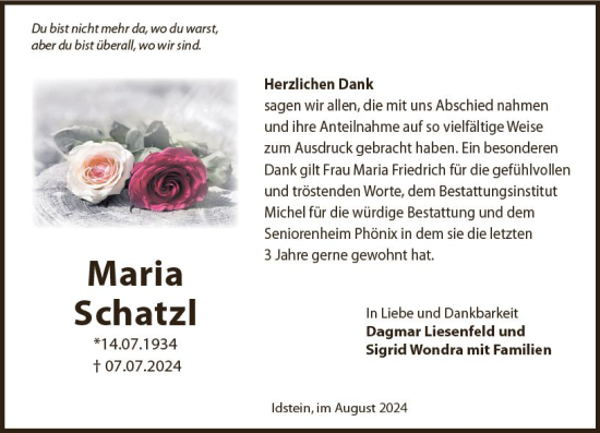 Traueranzeige von Maria Schatzl von Idsteiner Land/Untertaunus