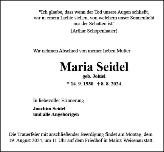 Traueranzeige von Maria Seidel von Allgemeine Zeitung Mainz