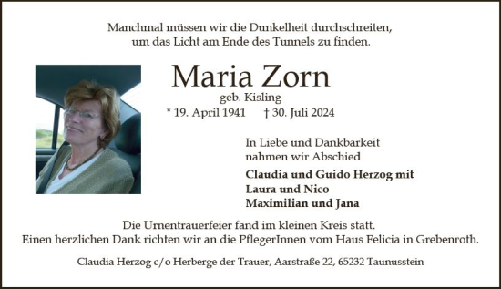 Traueranzeige von Maria Zorn von Idsteiner Land/Untertaunus
