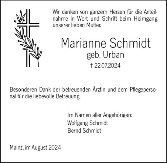 Traueranzeige von Marianne Schmidt von Allgemeine Zeitung Mainz