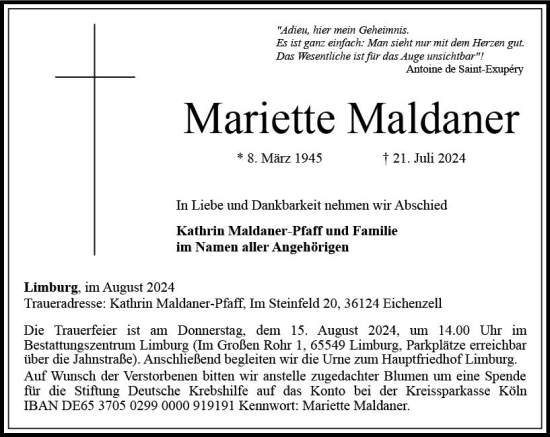 Traueranzeige von Mariette Maldaner von Nassauische Neue Presse