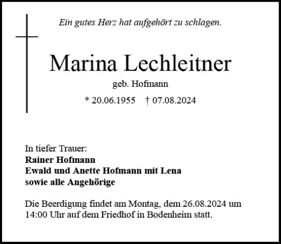 Traueranzeige von Marina Lechleitner von Allgemeine Zeitung Mainz