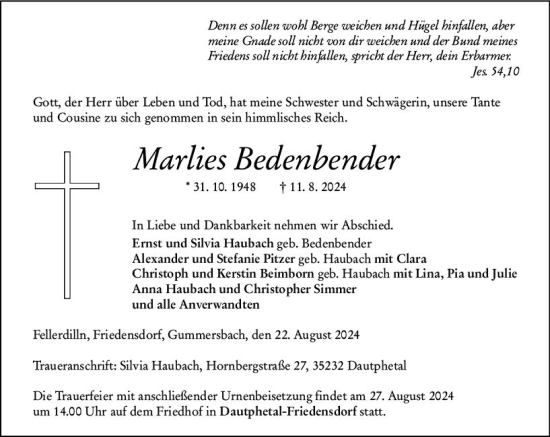Traueranzeige von Marlies Bedenbender von Hinterländer Anzeiger