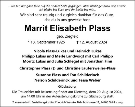 Traueranzeige von Marrit Elisabeth Plass von Wiesbadener Kurier