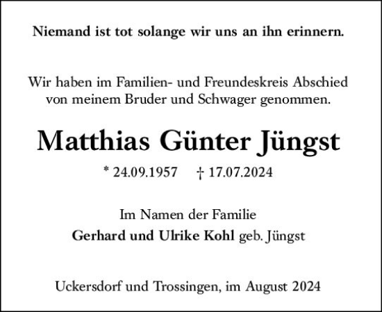 Traueranzeige von Matthias Günter Jüngst von Dill Block