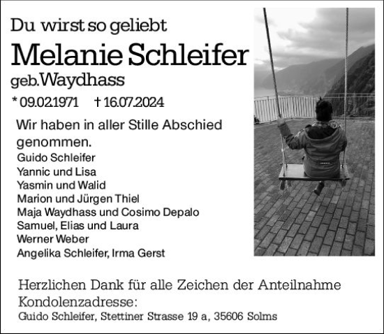 Traueranzeige von Melanie Schleifer von Wetzlarer Neue Zeitung
