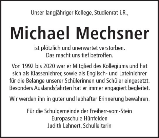 Traueranzeige von Michael Mechsner von Nassauische Neue Presse