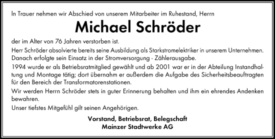 Traueranzeige von Michael Schröder von Allgemeine Zeitung Mainz