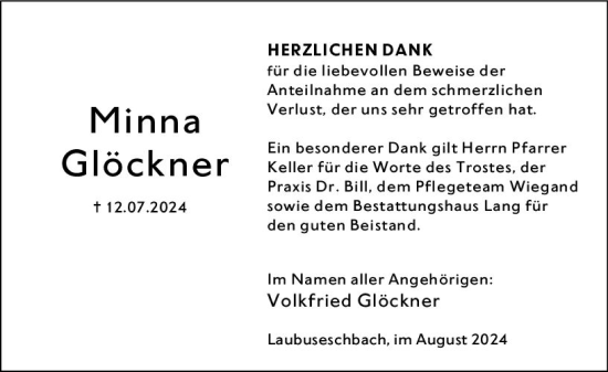 Traueranzeige von Minna Glöckner von Weilburger Tageblatt