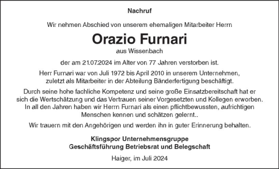 Traueranzeige von Orazio Furnari von Dill Block