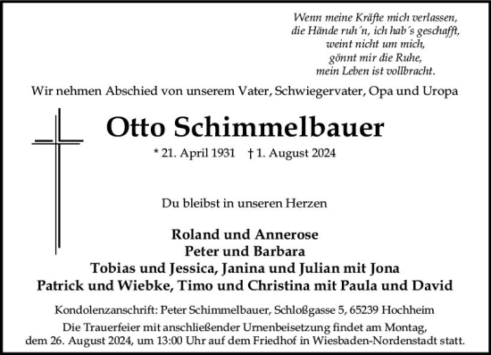 Traueranzeige von Otto Schimmelbauer von Wiesbadener Kurier